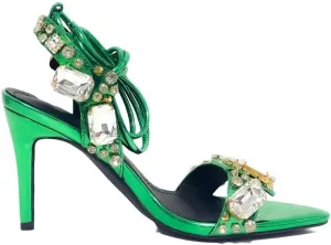 LISHAN Women's Rhinestones Studded Ankle Strappy Pointed Toe High Heels Lace Up Heeled Sandals