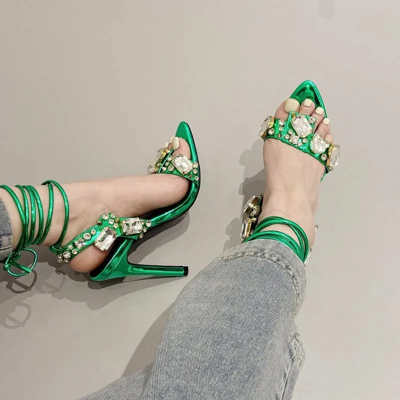 LISHAN Women's Rhinestones Studded Ankle Strappy Pointed Toe High Heels Lace Up Heeled Sandals