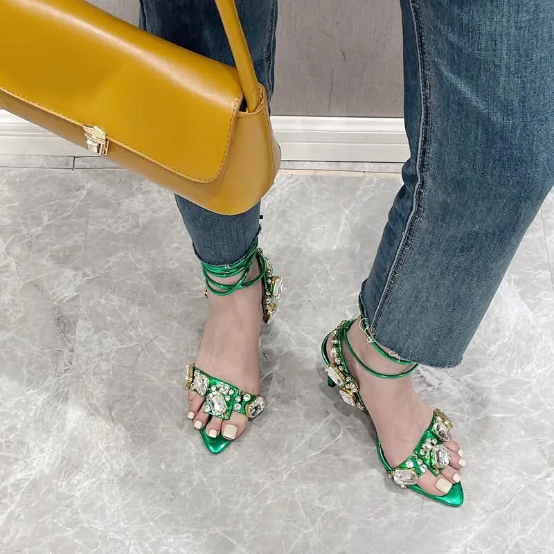 LISHAN Women's Rhinestones Studded Ankle Strappy Pointed Toe High Heels Lace Up Heeled Sandals