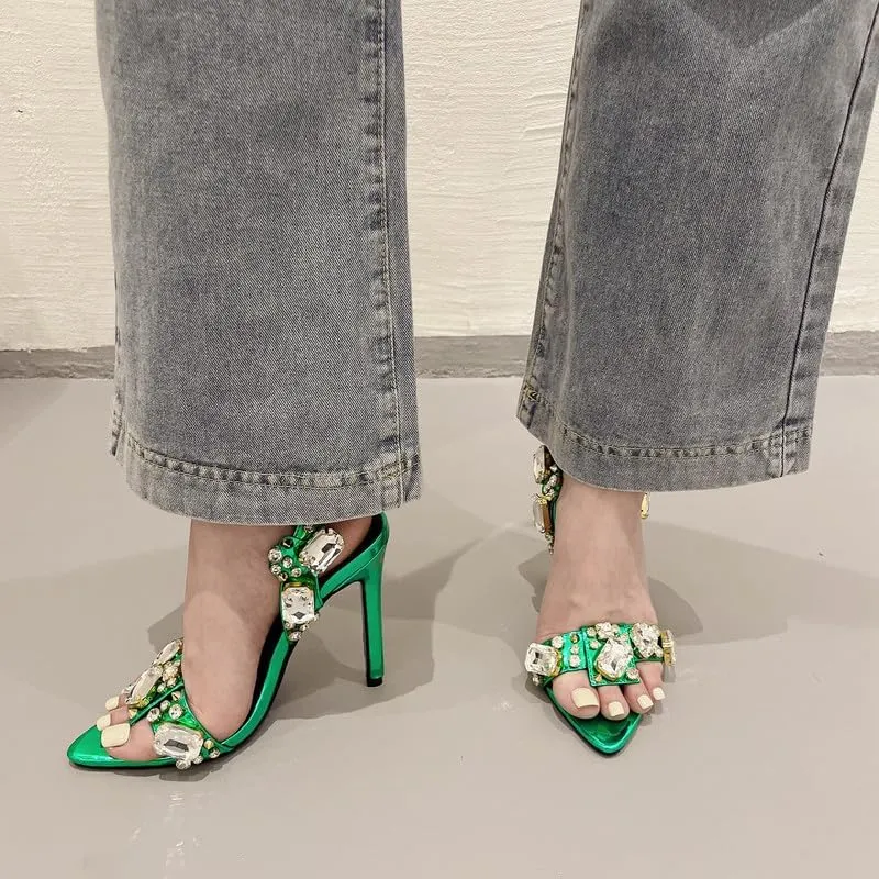 LISHAN Women's Rhinestones Studded Ankle Strappy Pointed Toe High Heels Lace Up Heeled Sandals