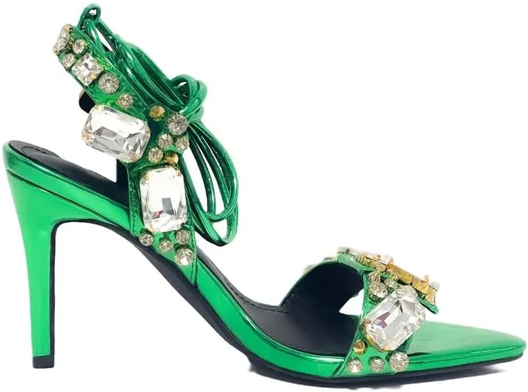LISHAN Women's Rhinestones Studded Ankle Strappy Pointed Toe High Heels Lace Up Heeled Sandals