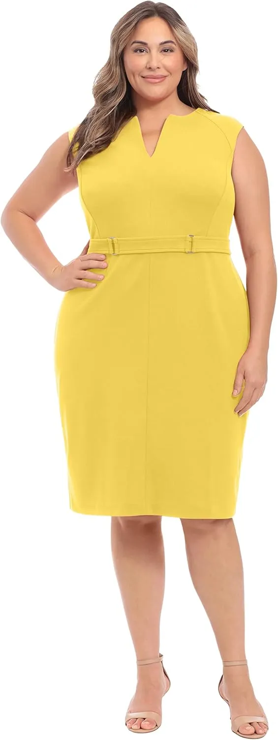 London Times Women's Plus Size Extended Shoulder Buckle Waist Sheath Midi