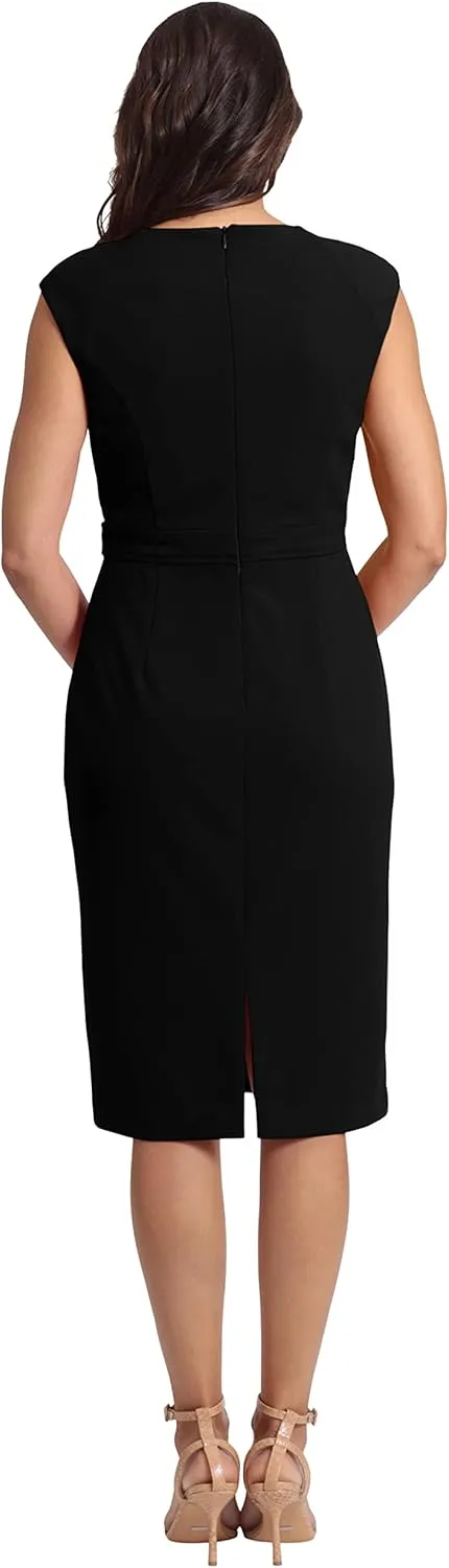 London Times Women's Plus Size Extended Shoulder Buckle Waist Sheath Midi