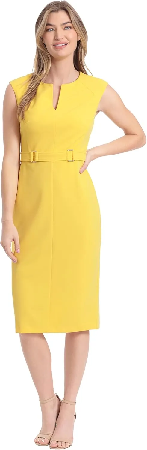 London Times Women's Plus Size Extended Shoulder Buckle Waist Sheath Midi