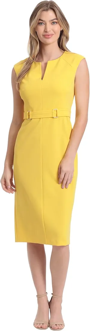 London Times Women's Plus Size Extended Shoulder Buckle Waist Sheath Midi