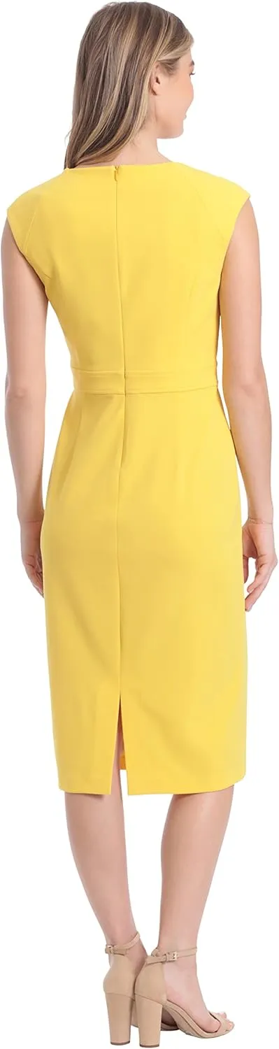 London Times Women's Plus Size Extended Shoulder Buckle Waist Sheath Midi