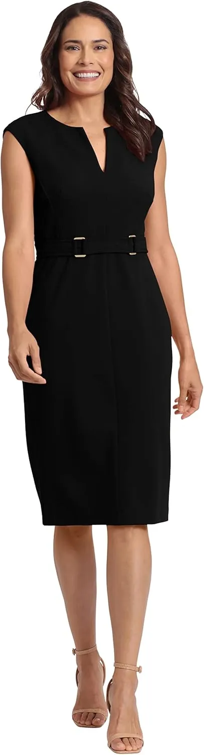 London Times Women's Plus Size Extended Shoulder Buckle Waist Sheath Midi