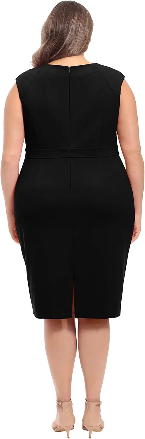London Times Women's Plus Size Extended Shoulder Buckle Waist Sheath Midi