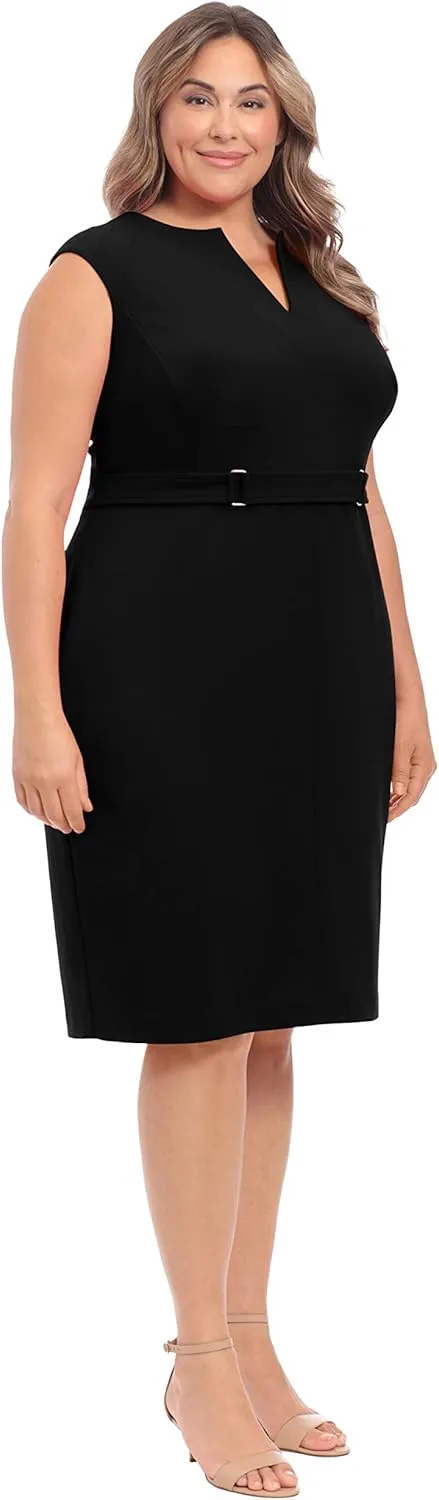 London Times Women's Plus Size Extended Shoulder Buckle Waist Sheath Midi