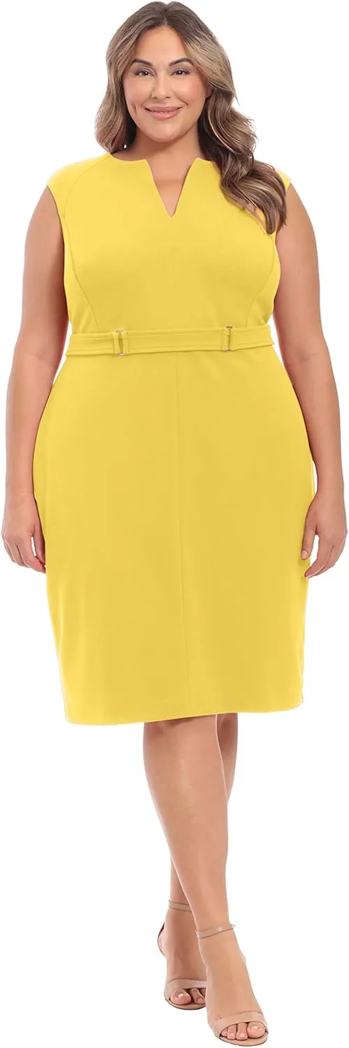 London Times Women's Plus Size Extended Shoulder Buckle Waist Sheath Midi