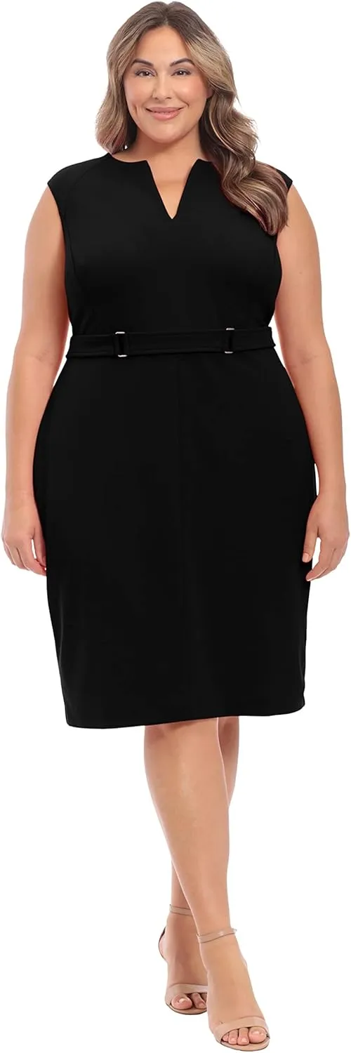 London Times Women's Plus Size Extended Shoulder Buckle Waist Sheath Midi
