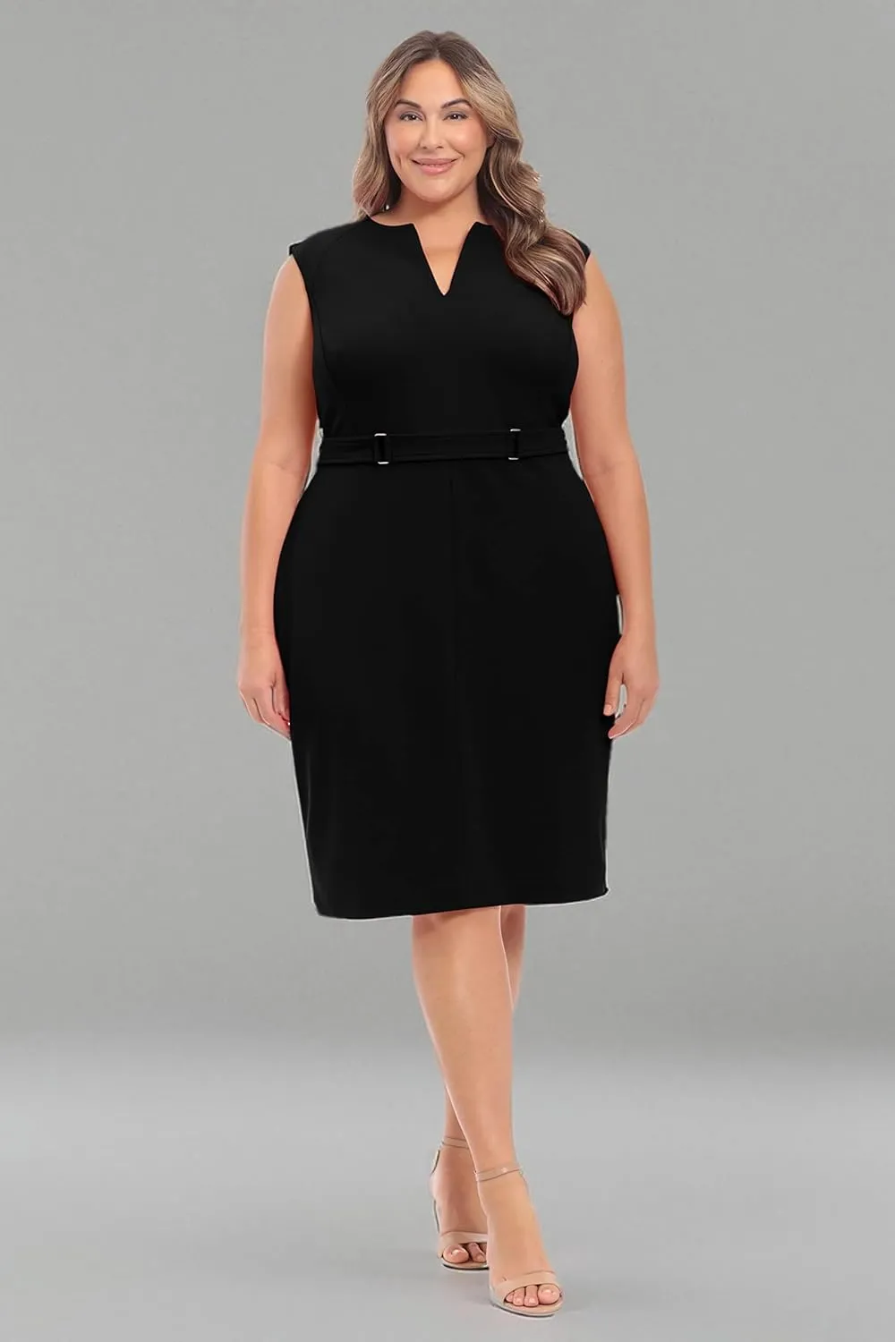 London Times Women's Plus Size Extended Shoulder Buckle Waist Sheath Midi