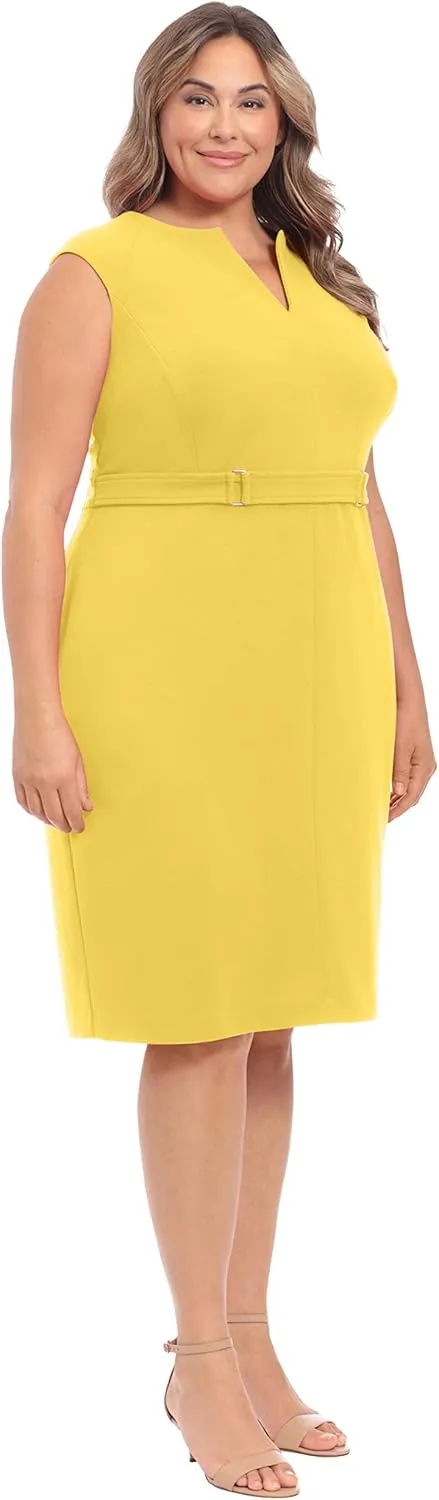 London Times Women's Plus Size Extended Shoulder Buckle Waist Sheath Midi
