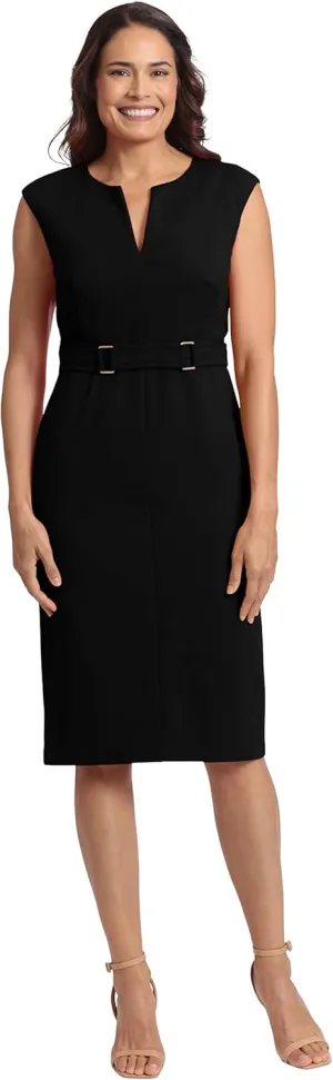 London Times Women's Plus Size Extended Shoulder Buckle Waist Sheath Midi
