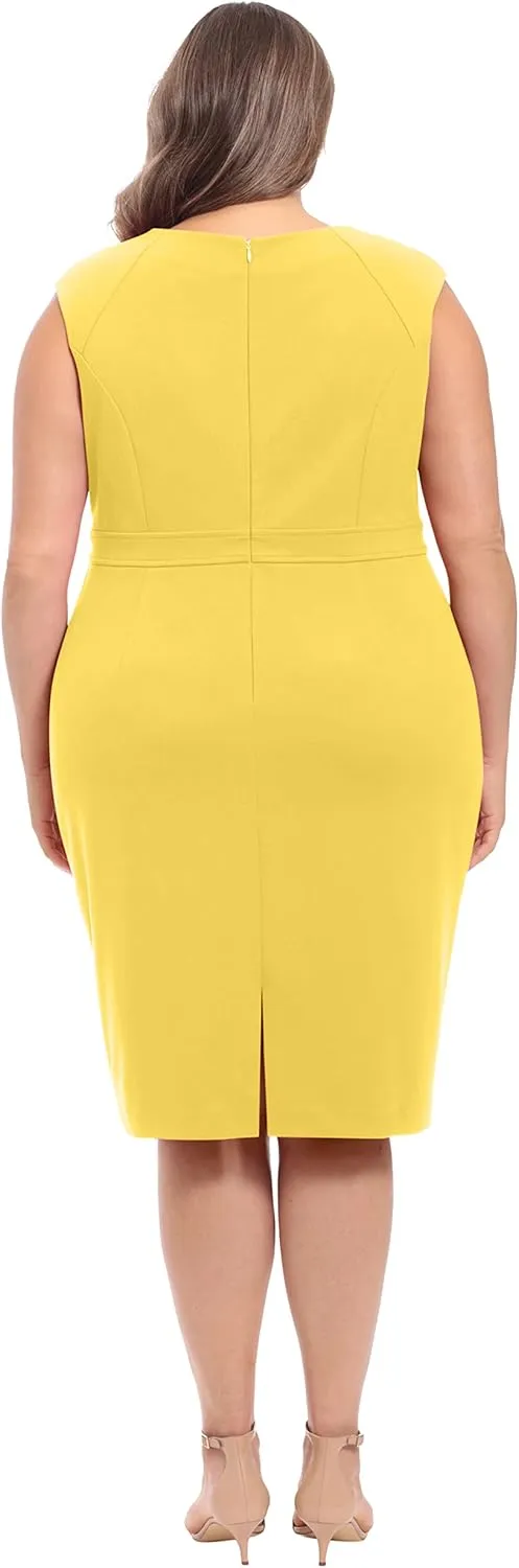 London Times Women's Plus Size Extended Shoulder Buckle Waist Sheath Midi