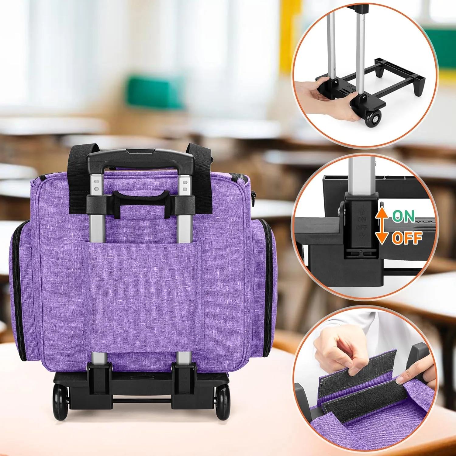 LUXJA Rolling Teacher Bag with Multiple Pockets and Bottom Support Pad, Multifunctional Teacher Tote Bag with Detachable Dolly (Patent Design), Purple