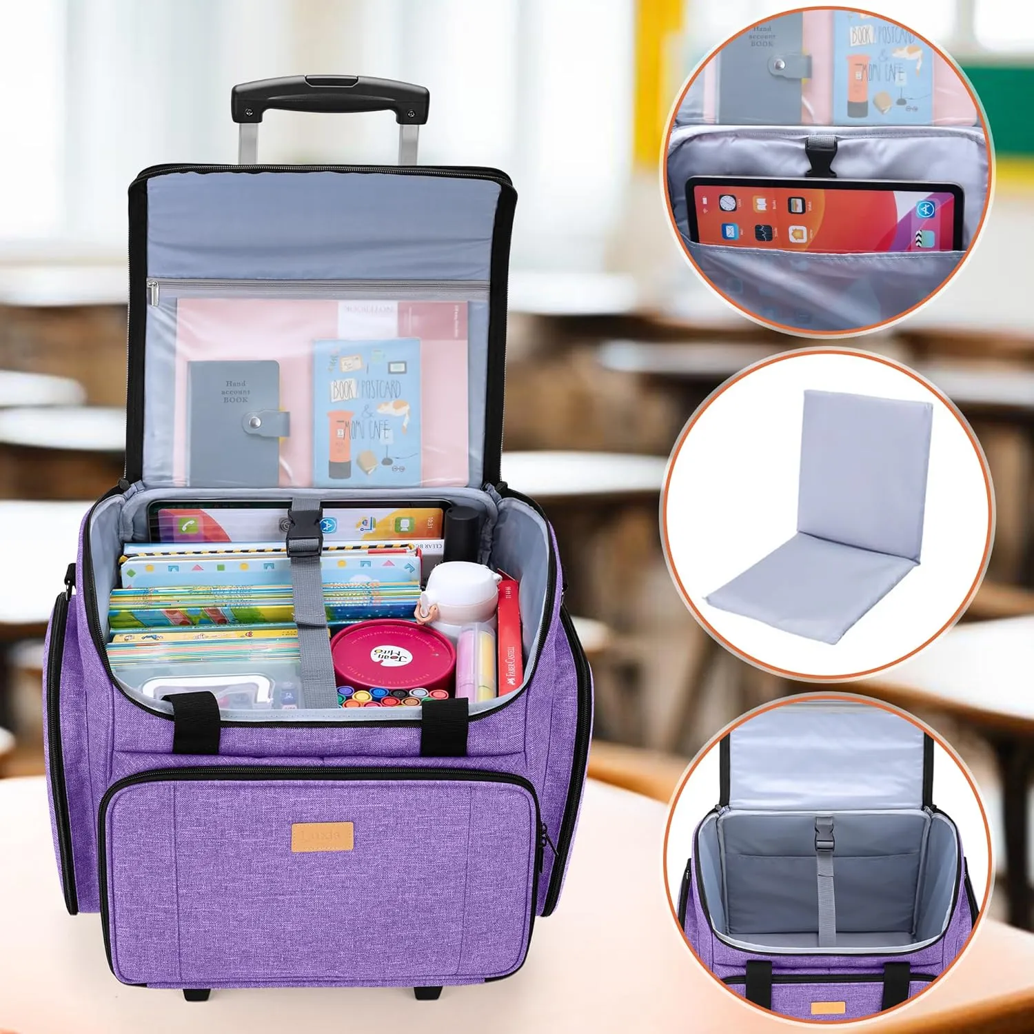 LUXJA Rolling Teacher Bag with Multiple Pockets and Bottom Support Pad, Multifunctional Teacher Tote Bag with Detachable Dolly (Patent Design), Purple
