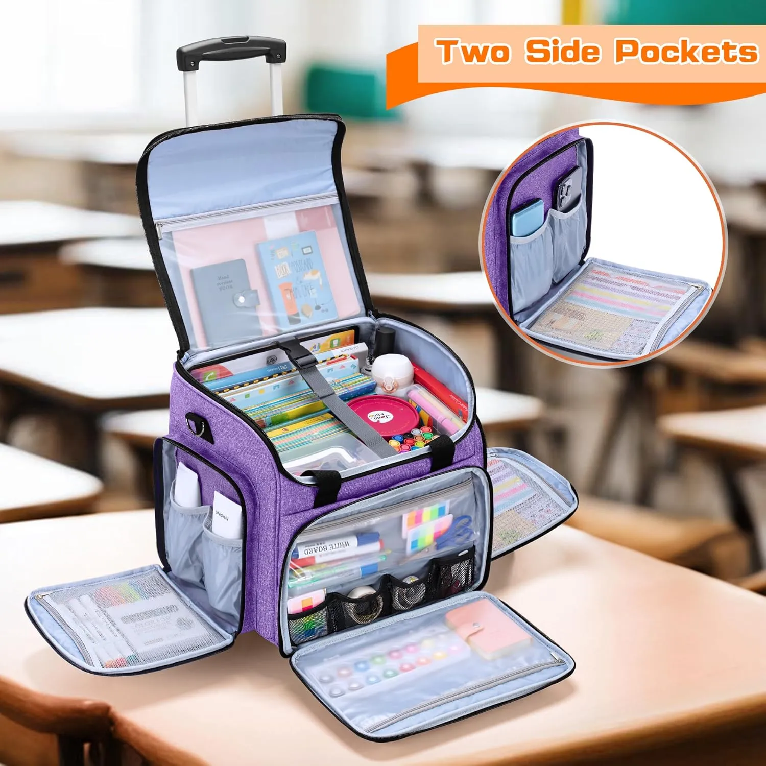 LUXJA Rolling Teacher Bag with Multiple Pockets and Bottom Support Pad, Multifunctional Teacher Tote Bag with Detachable Dolly (Patent Design), Purple