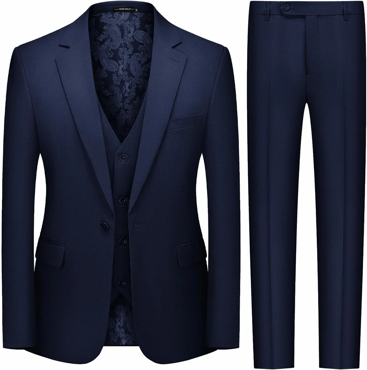 MAGE MALE Men's 3 Pieces Suit Slim Fit One Button Business Wedding Party Solid Blazer Vest Pants Set with Tie