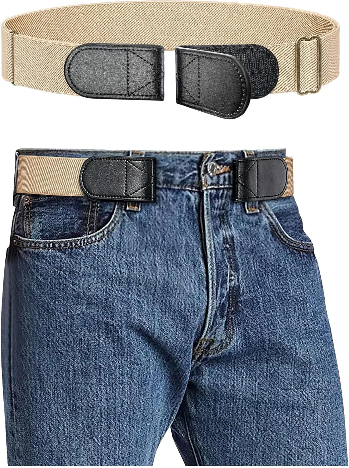 Magic Buckleless Men's Stretch Belts: Comfort Revolution- Hook-Loop Adjustable No Buckle Elastic Belt for Jeans Khaki, 32-48"