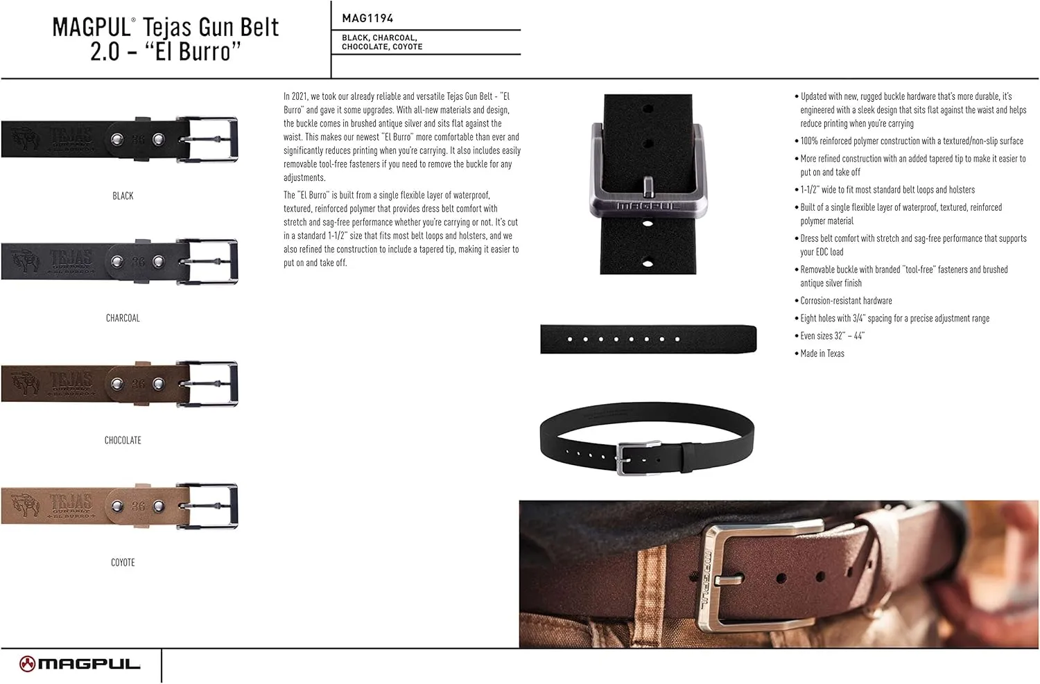 Magpul Tejas Gun Belt 2.0 "El Burro Concealed Carry CCW Reinforced Polymer Gun Belt