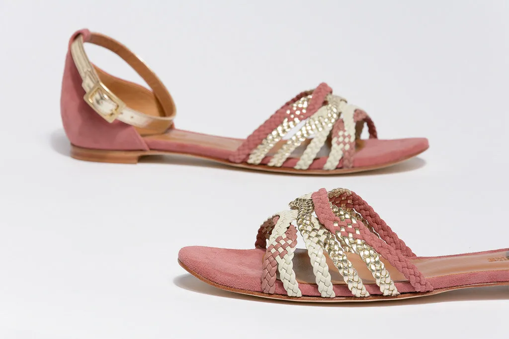 MENPHIS Handbraided Rose&Gold Flat Sandals