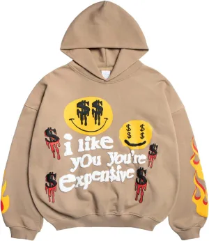 Men's i like you You'Expensive Hip Hop Portrait Graffiti Print Hoodie Highweight Cotton Hooded Grey