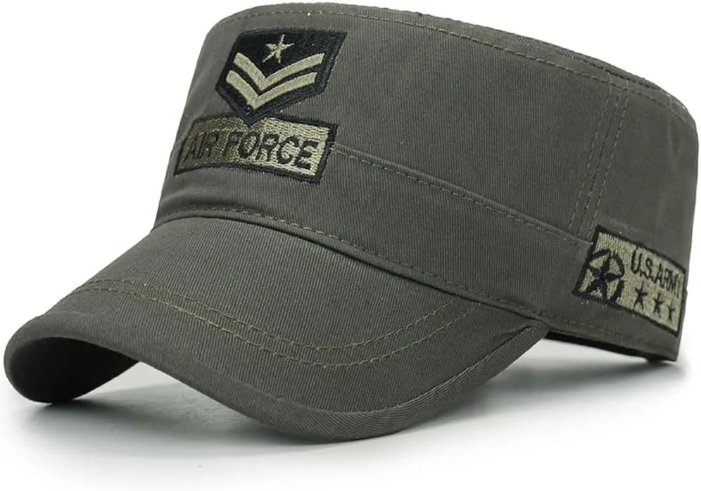 Mens Military Cap Flat Top Army Hat Embroidery Military Cap Everyday Basic Cadet Hat for Mens Womens