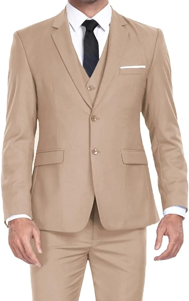 Men's Suits 3 Piece Slim Fit Dress Tuxedo for Men Two Button Solid Jacket Vest Pants Set