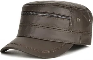 Men's Vintage Leather Military Cap Flat Top Winter Warm Male Cadet Army Caps Solid Color for Cold Weather
