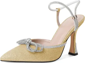 Mettesally Women's Rhinestone Bow Heels Pointed Toe High Heeled Sandals Ankle Strap Slingback Pumps Wedding Bride Satin Shoes 3.5 Inch