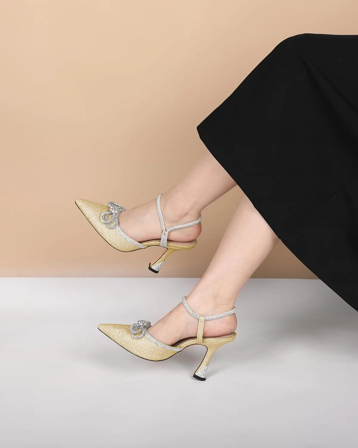 Mettesally Women's Rhinestone Bow Heels Pointed Toe High Heeled Sandals Ankle Strap Slingback Pumps Wedding Bride Satin Shoes 3.5 Inch