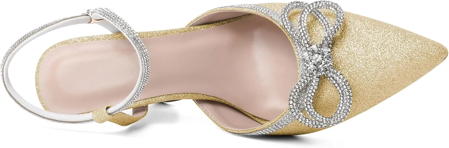 Mettesally Women's Rhinestone Bow Heels Pointed Toe High Heeled Sandals Ankle Strap Slingback Pumps Wedding Bride Satin Shoes 3.5 Inch