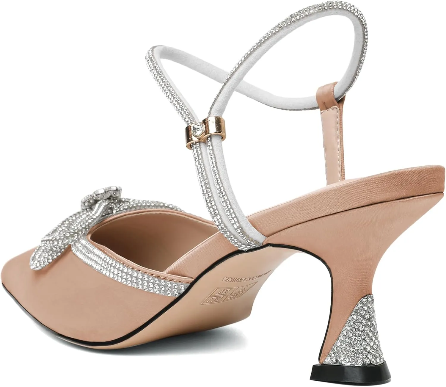 Mettesally Womens Rhinestone Bow Heels Pointed Toe Low Heeled Sandals Satin Shoes Ankle Strap Slingback Pumps Dress Shoes