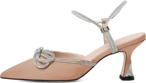 Mettesally Womens Rhinestone Bow Heels Pointed Toe Low Heeled Sandals Satin Shoes Ankle Strap Slingback Pumps Dress Shoes