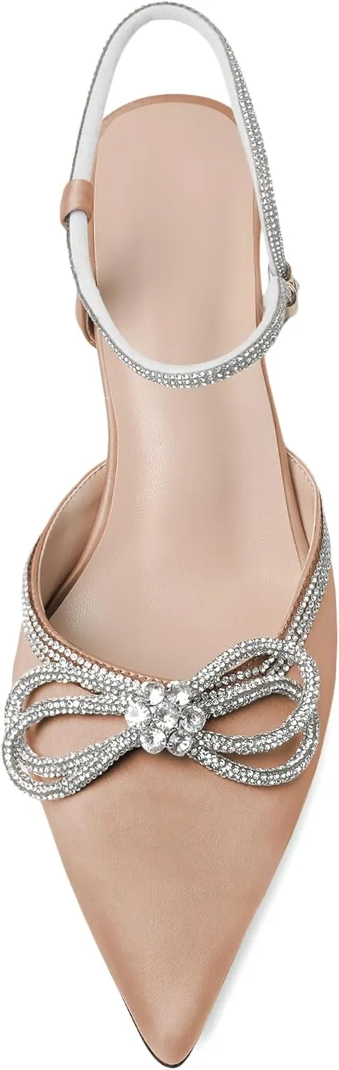 Mettesally Womens Rhinestone Bow Heels Pointed Toe Low Heeled Sandals Satin Shoes Ankle Strap Slingback Pumps Dress Shoes