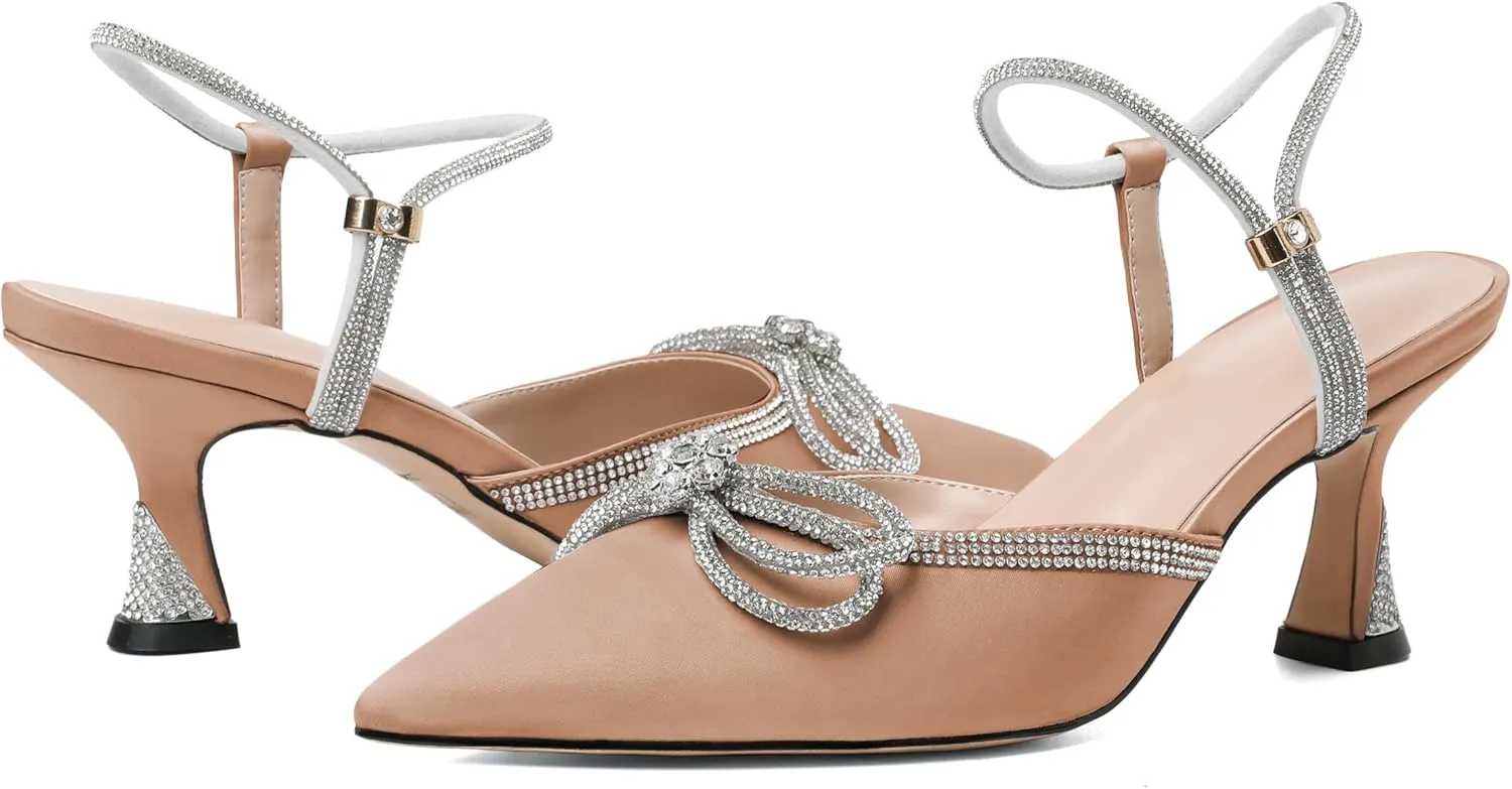 Mettesally Womens Rhinestone Bow Heels Pointed Toe Low Heeled Sandals Satin Shoes Ankle Strap Slingback Pumps Dress Shoes