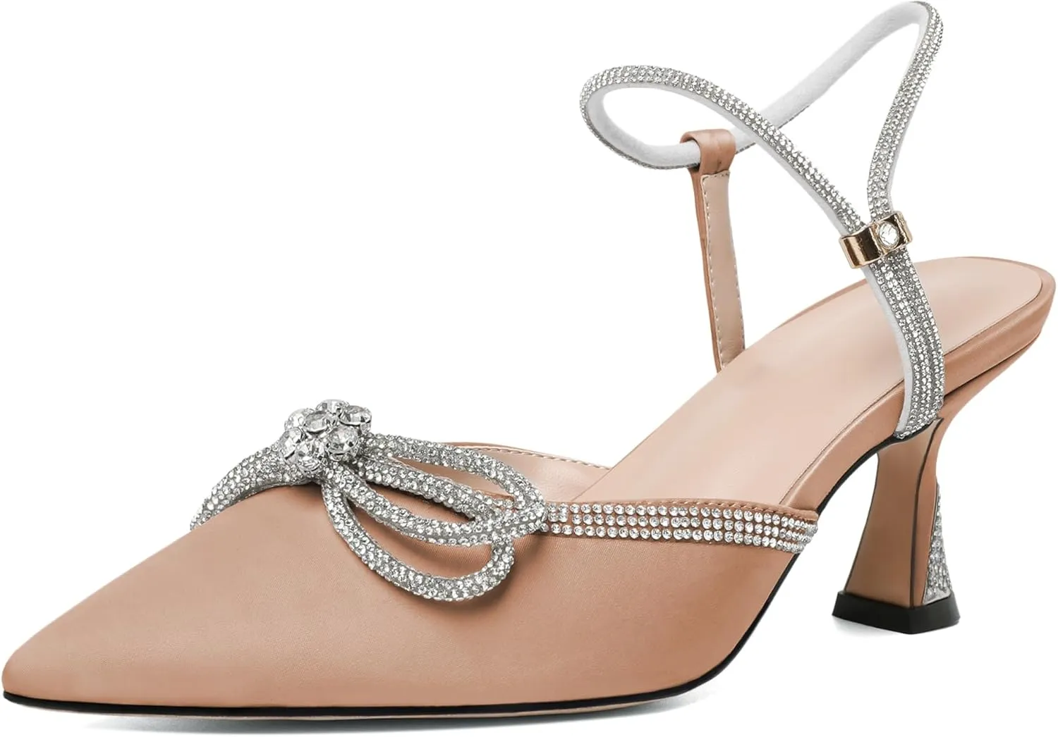 Mettesally Womens Rhinestone Bow Heels Pointed Toe Low Heeled Sandals Satin Shoes Ankle Strap Slingback Pumps Dress Shoes