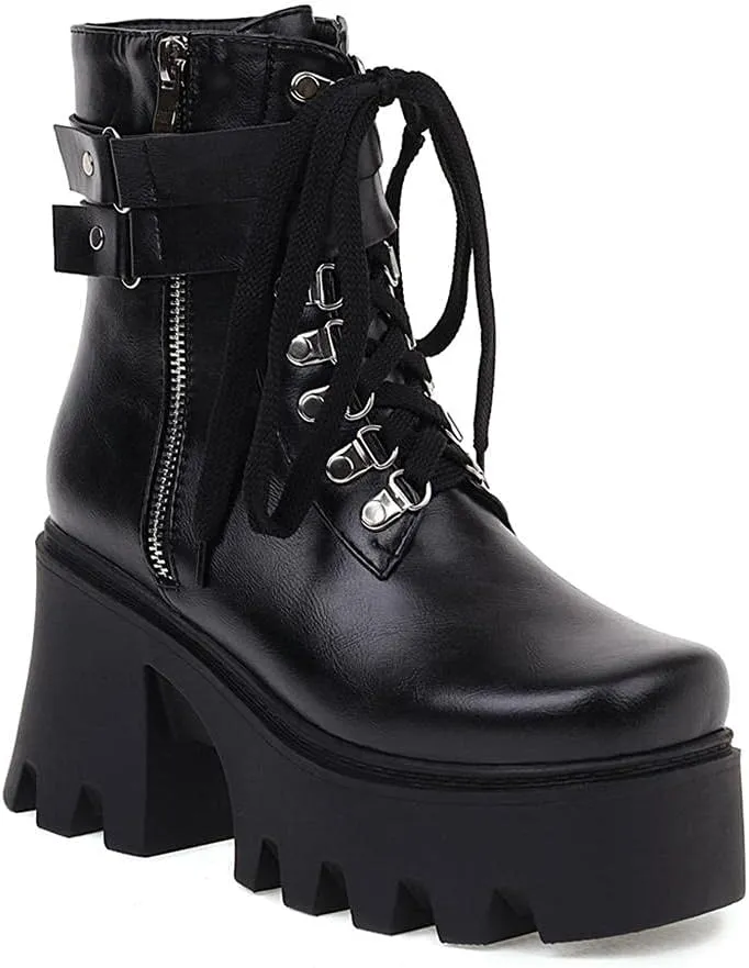 mikarka Fashion Gothic Platform Combat Ankle Boots for Women, Zipper Chunky High Heel Studded Buckle Chain Motorcycle Riding Short Booties
