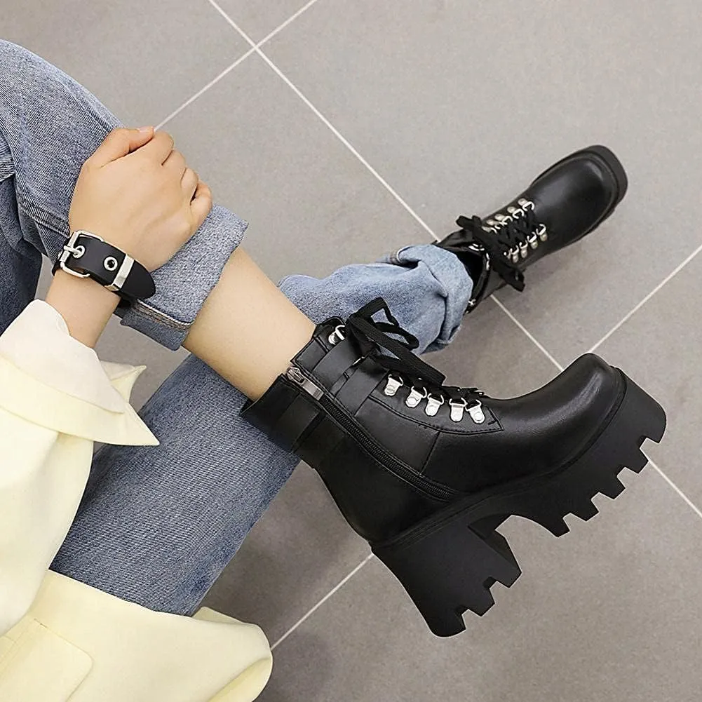 mikarka Fashion Gothic Platform Combat Ankle Boots for Women, Zipper Chunky High Heel Studded Buckle Chain Motorcycle Riding Short Booties