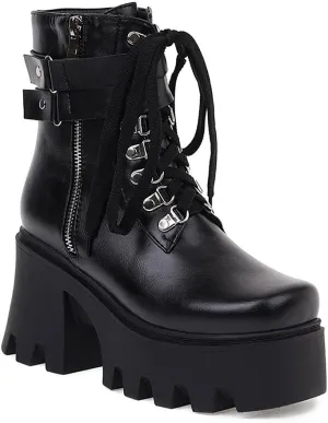 mikarka Fashion Gothic Platform Combat Ankle Boots for Women, Zipper Chunky High Heel Studded Buckle Chain Motorcycle Riding Short Booties