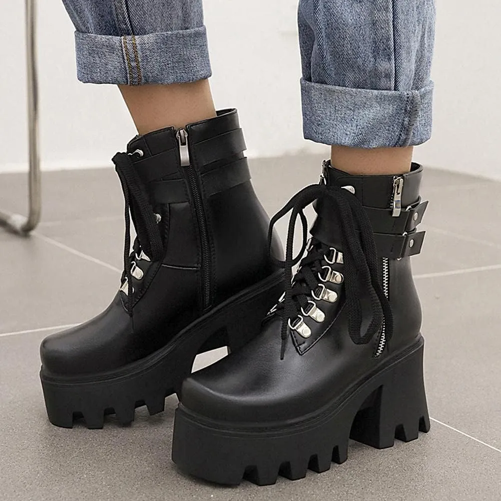 mikarka Fashion Gothic Platform Combat Ankle Boots for Women, Zipper Chunky High Heel Studded Buckle Chain Motorcycle Riding Short Booties