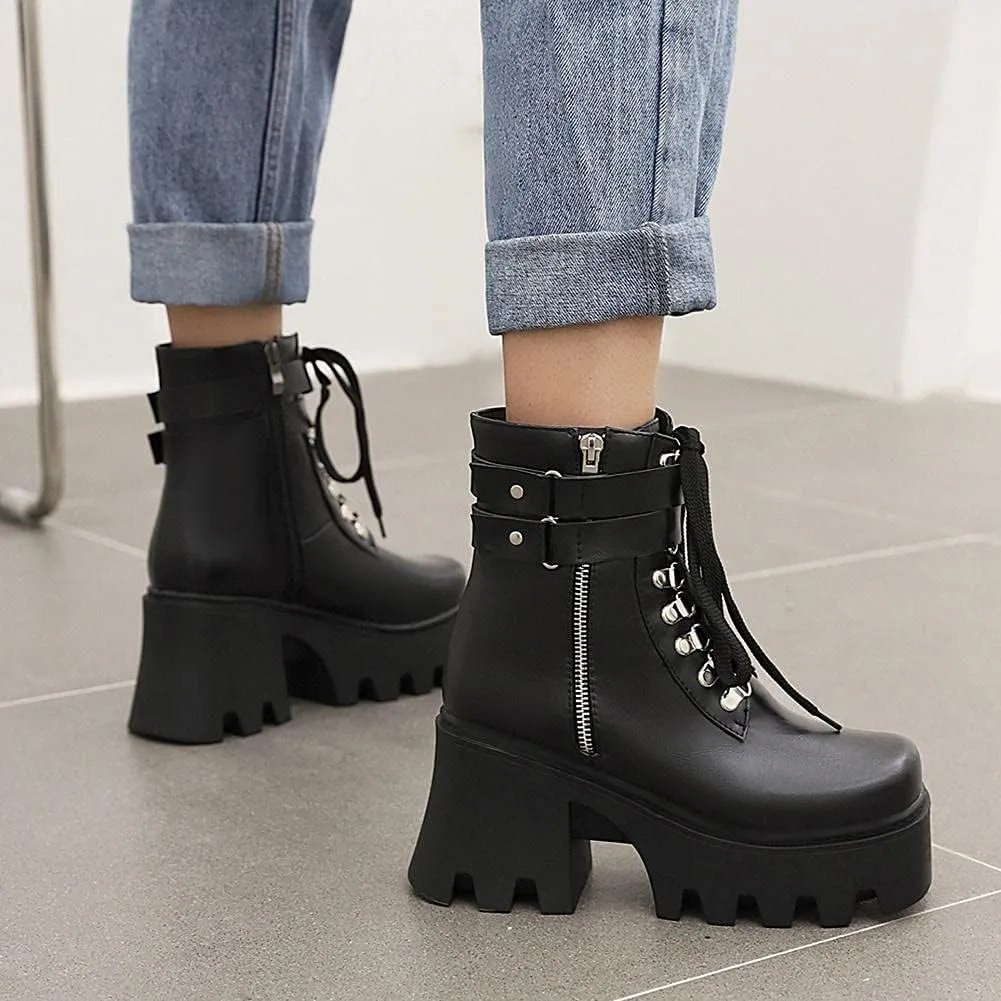 mikarka Fashion Gothic Platform Combat Ankle Boots for Women, Zipper Chunky High Heel Studded Buckle Chain Motorcycle Riding Short Booties