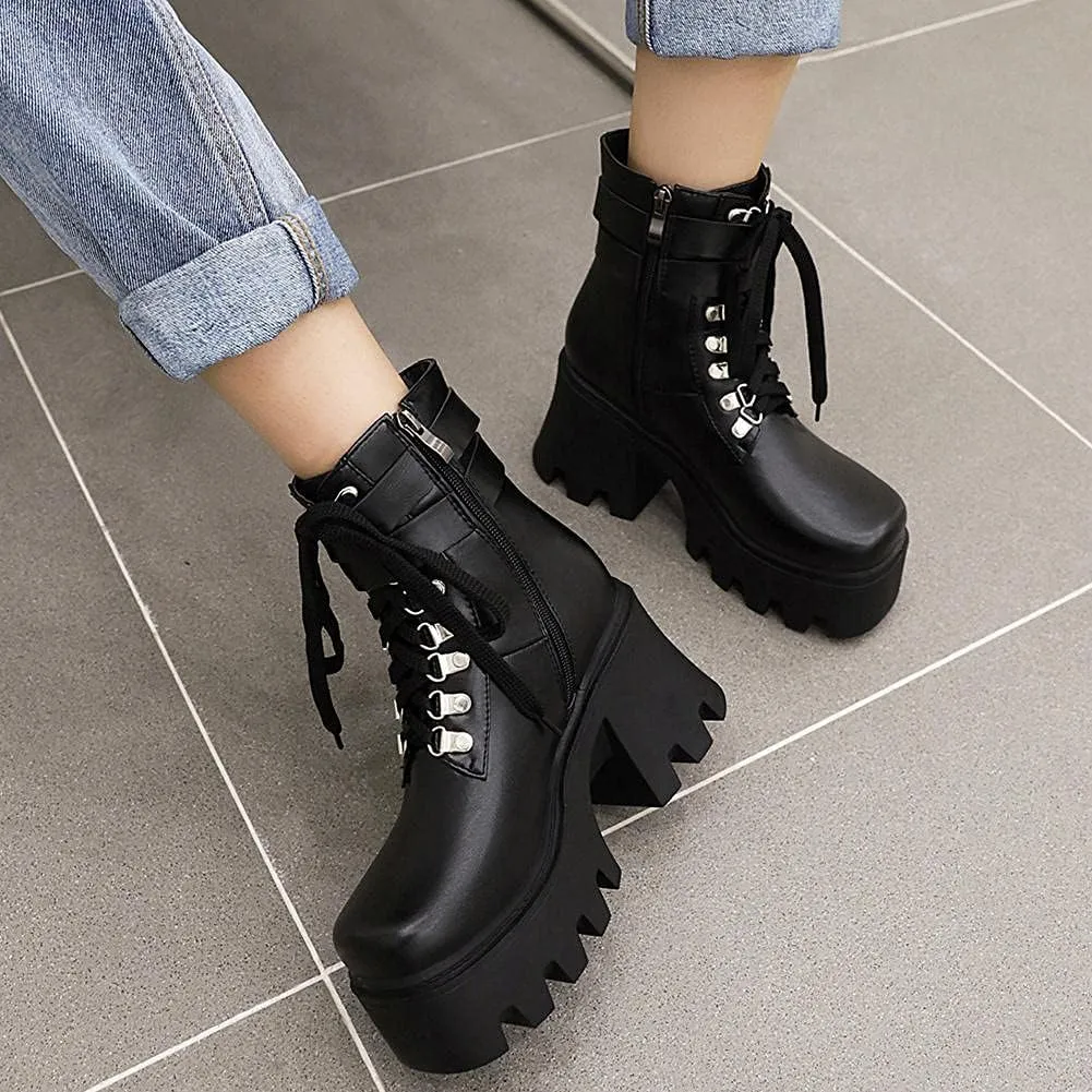 mikarka Fashion Gothic Platform Combat Ankle Boots for Women, Zipper Chunky High Heel Studded Buckle Chain Motorcycle Riding Short Booties