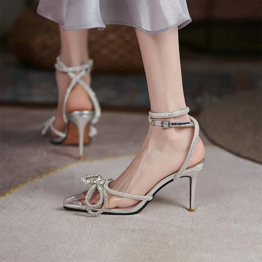 mikarka Women's Bowknot Rhinestone Stilettos Heels Pumps, Ankle Strap Satin Pointed Wedding Bride Bridesmaid Dressy Heeled Shoes Sandals