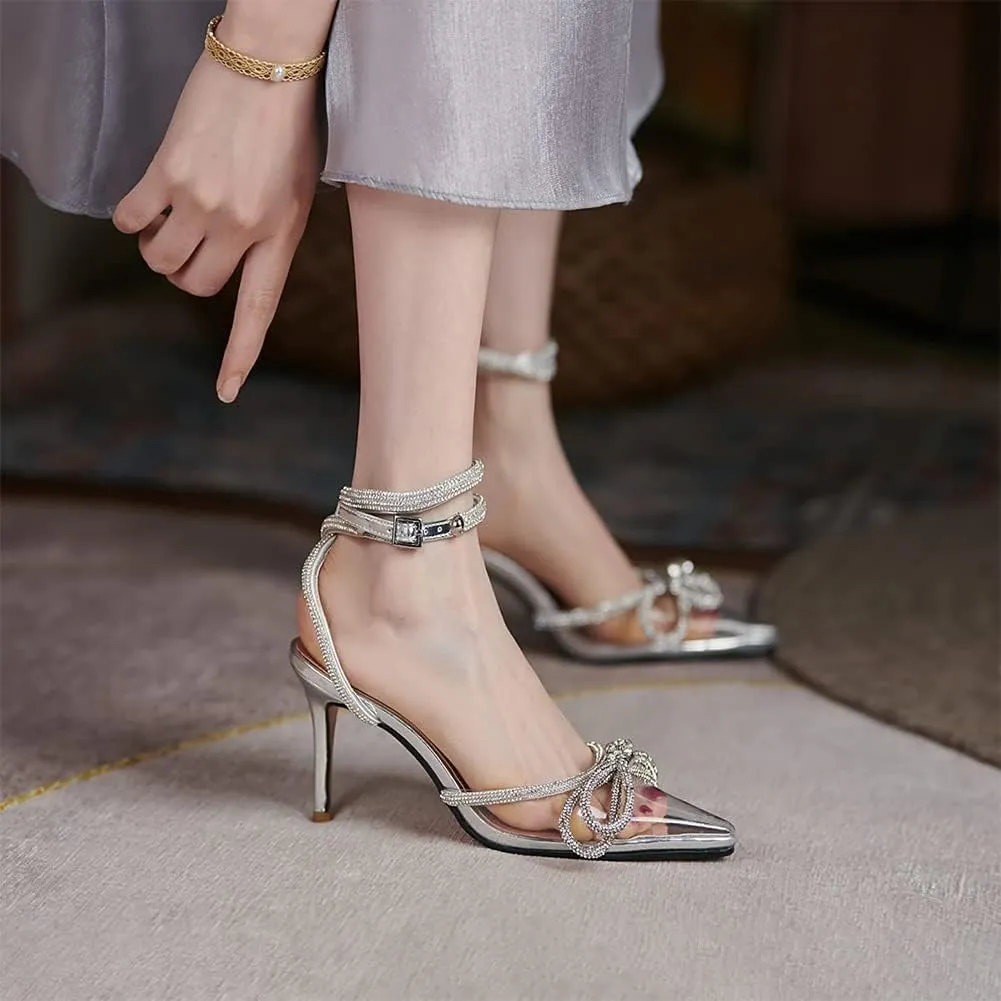 mikarka Women's Bowknot Rhinestone Stilettos Heels Pumps, Ankle Strap Satin Pointed Wedding Bride Bridesmaid Dressy Heeled Shoes Sandals