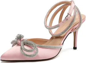 mikarka Women's Bowknot Rhinestone Stilettos Heels Pumps, Ankle Strap Satin Pointed Wedding Bride Bridesmaid Dressy Heeled Shoes Sandals
