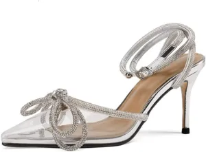 mikarka Women's Bowknot Rhinestone Stilettos Heels Pumps, Ankle Strap Satin Pointed Wedding Bride Bridesmaid Dressy Heeled Shoes Sandals