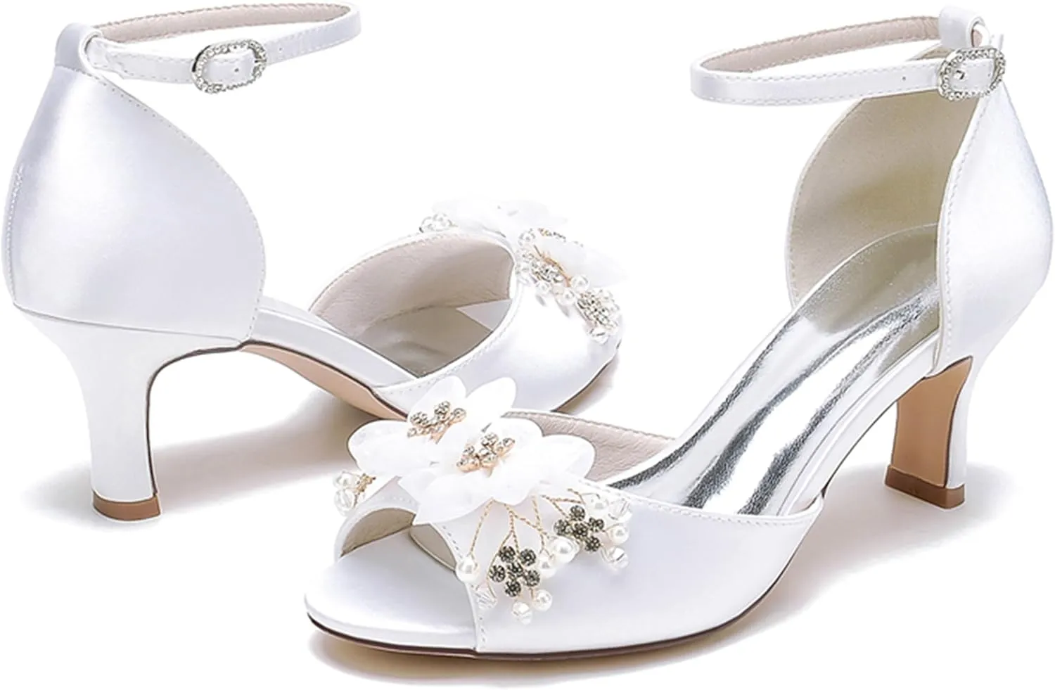 Minishion Women's Low Heel Shoes for Wedding Ankle Strap Evening Prom Sandals with Flower MS329