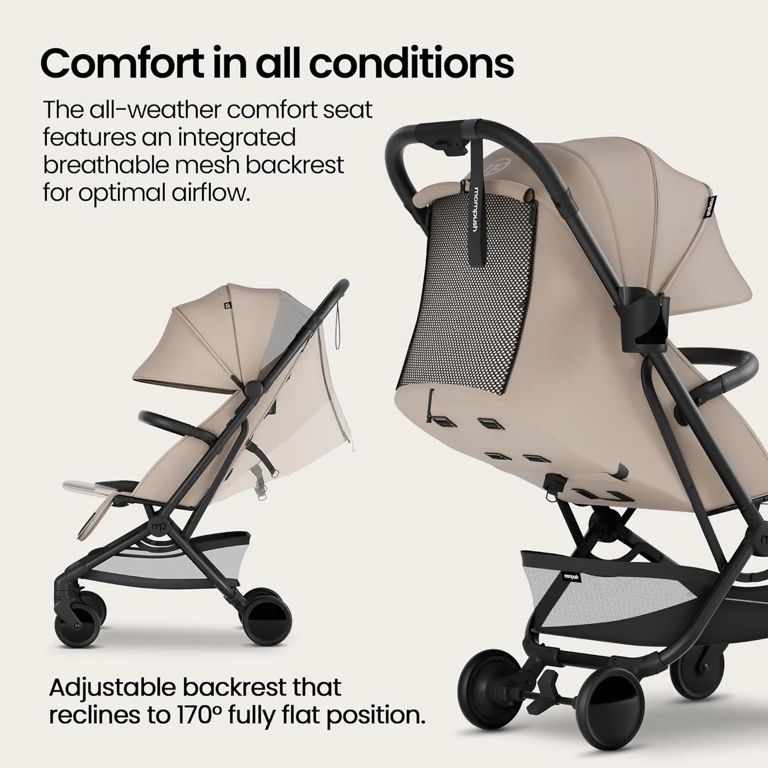 Mompush Velo Lightweight Travel Stroller – One-Hand Fold, Ultra-Compact & Airplane Friendly, Lie-Flat Recline Seat (from Birth to 50 lbs), Includes Cup Holder, Shoulder Strap, and Leather Bumper Bar